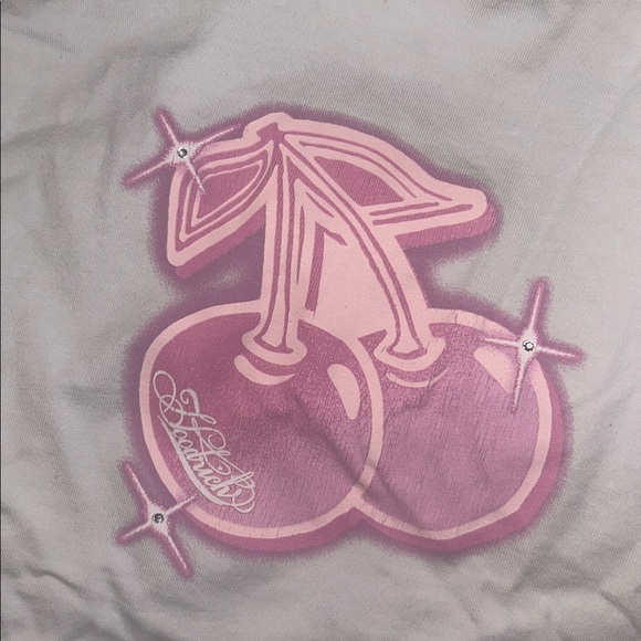 Hoodrich Finesse White and Pink Graphic Crop Top Cherry baby tee rhinestone - Picture 3 of 5